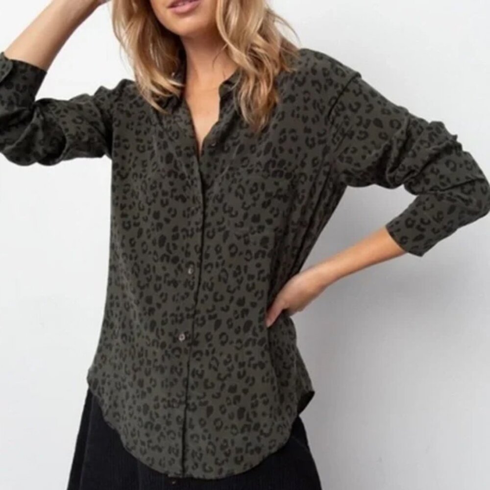 Rails Kate 100% Silk Button Down Blouse Olive Cheetah S Minimalist Designer $198 - Picture 2 of 16